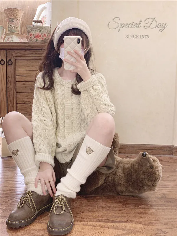 Retro Bear Embroidered Knit Headband / Sock UB6257