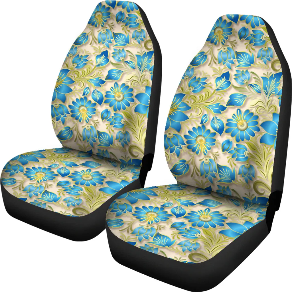 Retro Blue Flowers On Light Tan Car Seat Covers