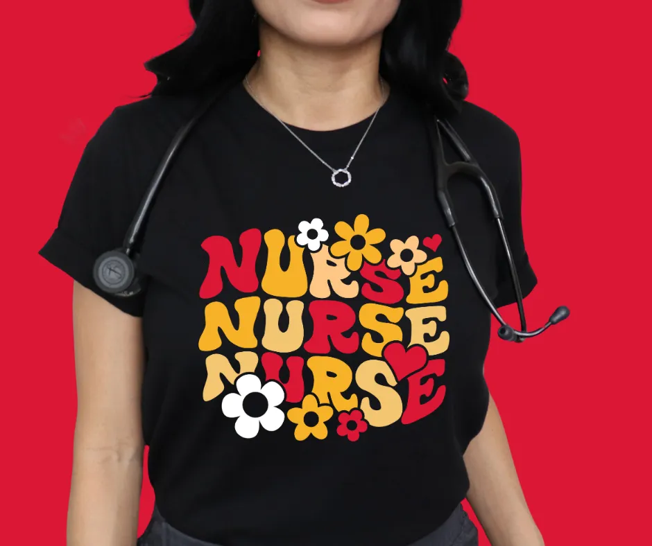 Retro Flowers Nurse Repeat KC Colors Black Tee