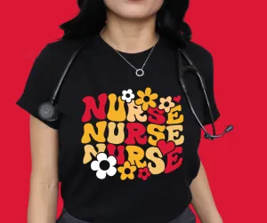Retro Flowers Nurse Repeat KC Colors Black Tee