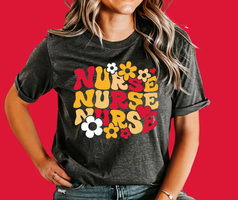Retro Flowers Nurse Repeat KC Colors Grey Tee