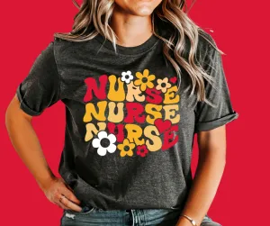 Retro Flowers Nurse Repeat KC Colors Grey Tee