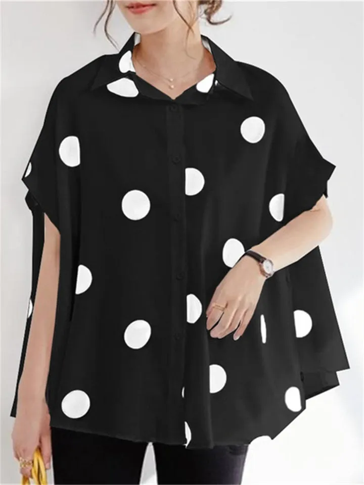 Retro Polka Dot Batwing Short Sleeve Single Breasted Ladies Blouses