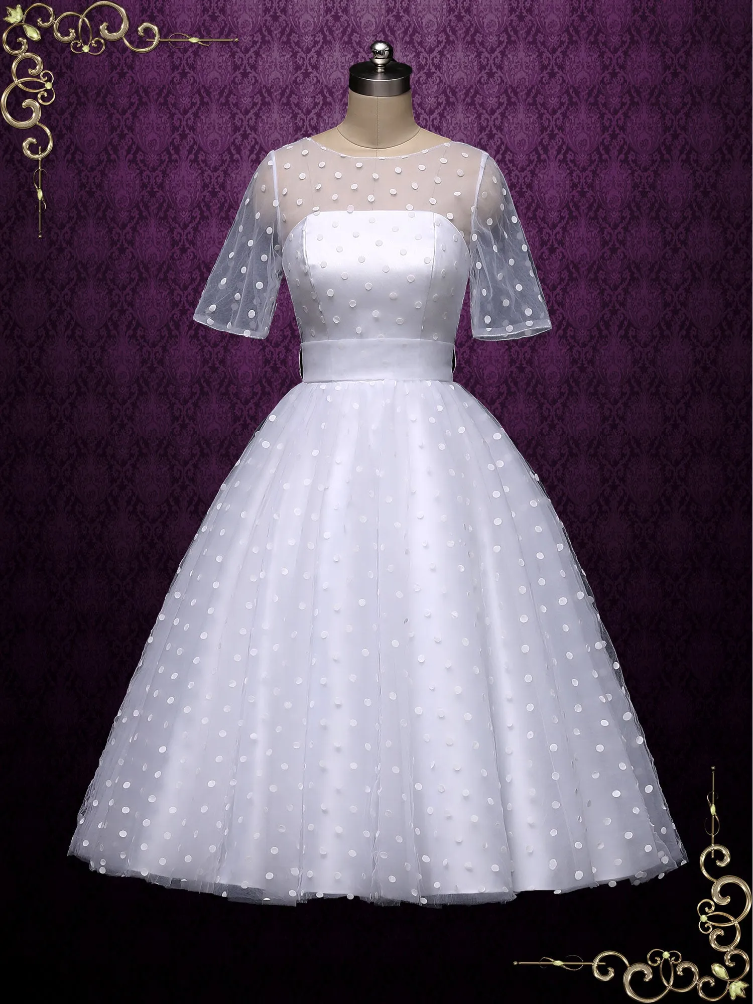 Retro Tea Length Wedding Dress with Polka Dot BRIDGET
