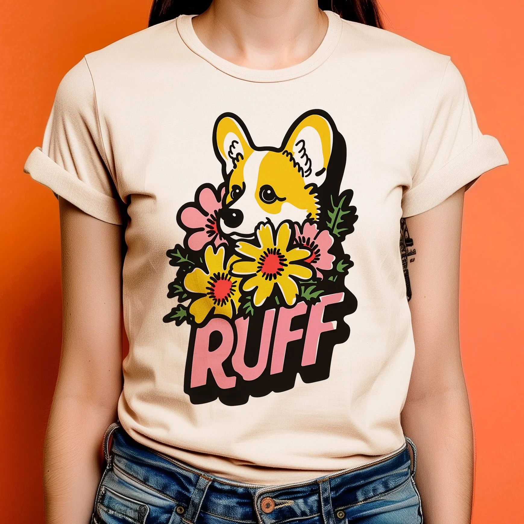 Ruff in Bloom: Corgi Among the Daisies Tee