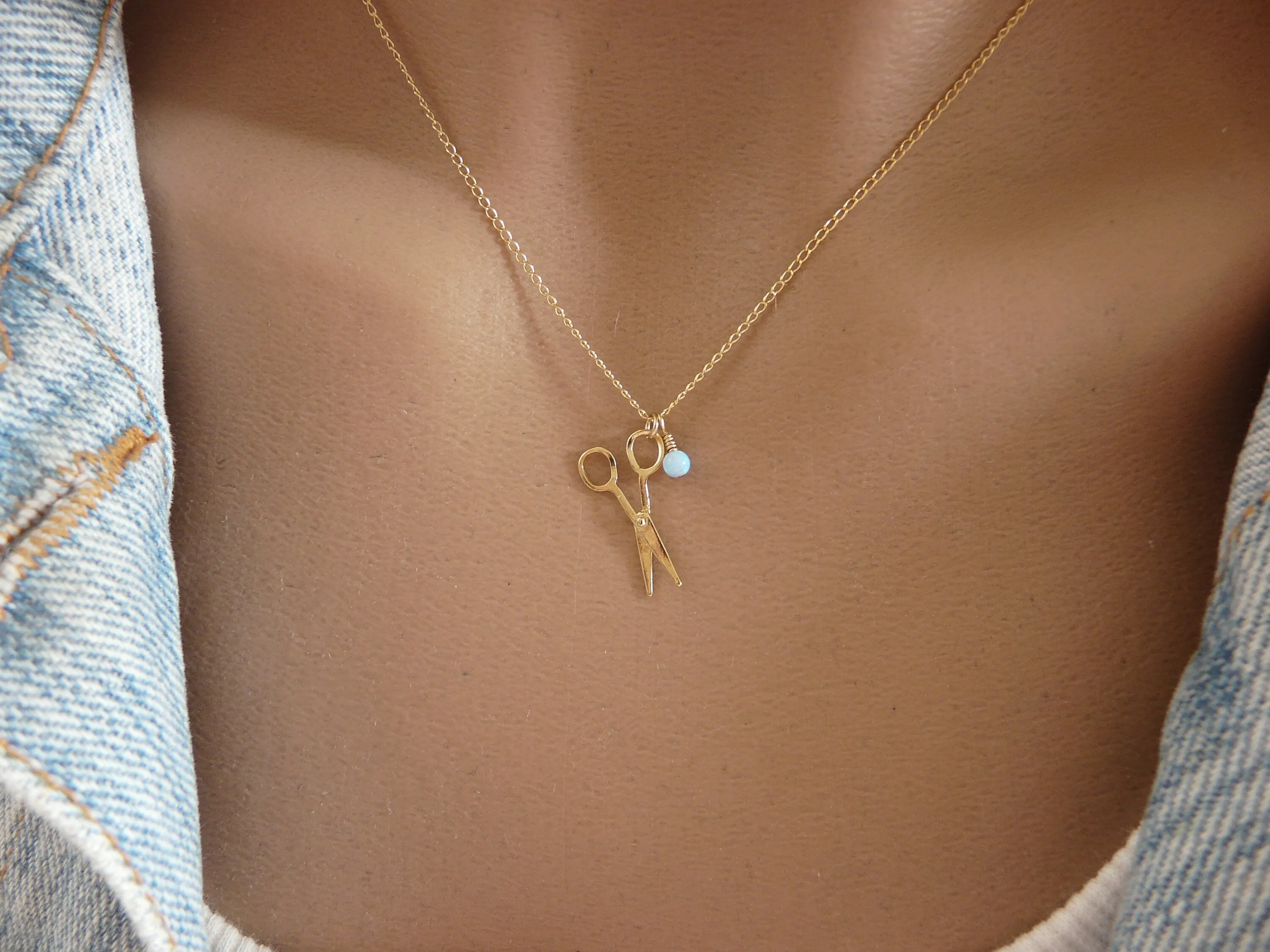 Scissors necklace, Gold filled scissors, Hair dresser, Hair stylist, Sewing necklace, Opal scissors, Original gift