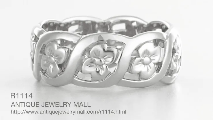 Sculptural Scrolls and Flowers Mid Century Filigree Wide Wedding Ring in White Gold