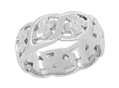 Sculptural Scrolls and Flowers Mid Century Filigree Wide Wedding Ring in White Gold
