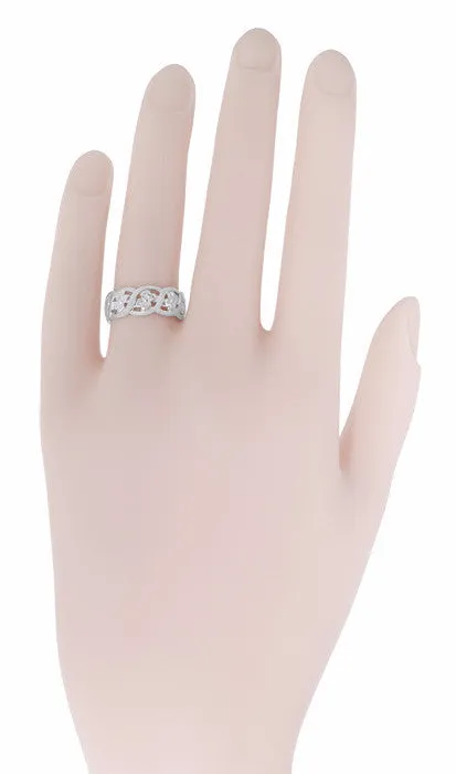 Sculptural Scrolls and Flowers Mid Century Filigree Wide Wedding Ring in White Gold