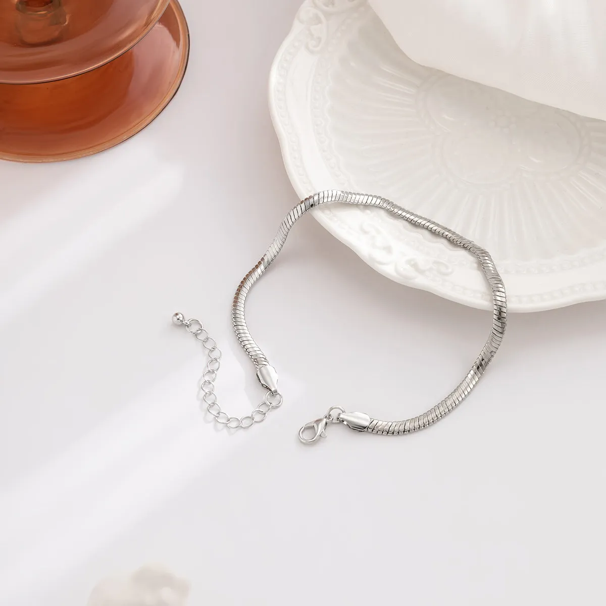 Silver-Plated Herringbone Chain Anklet