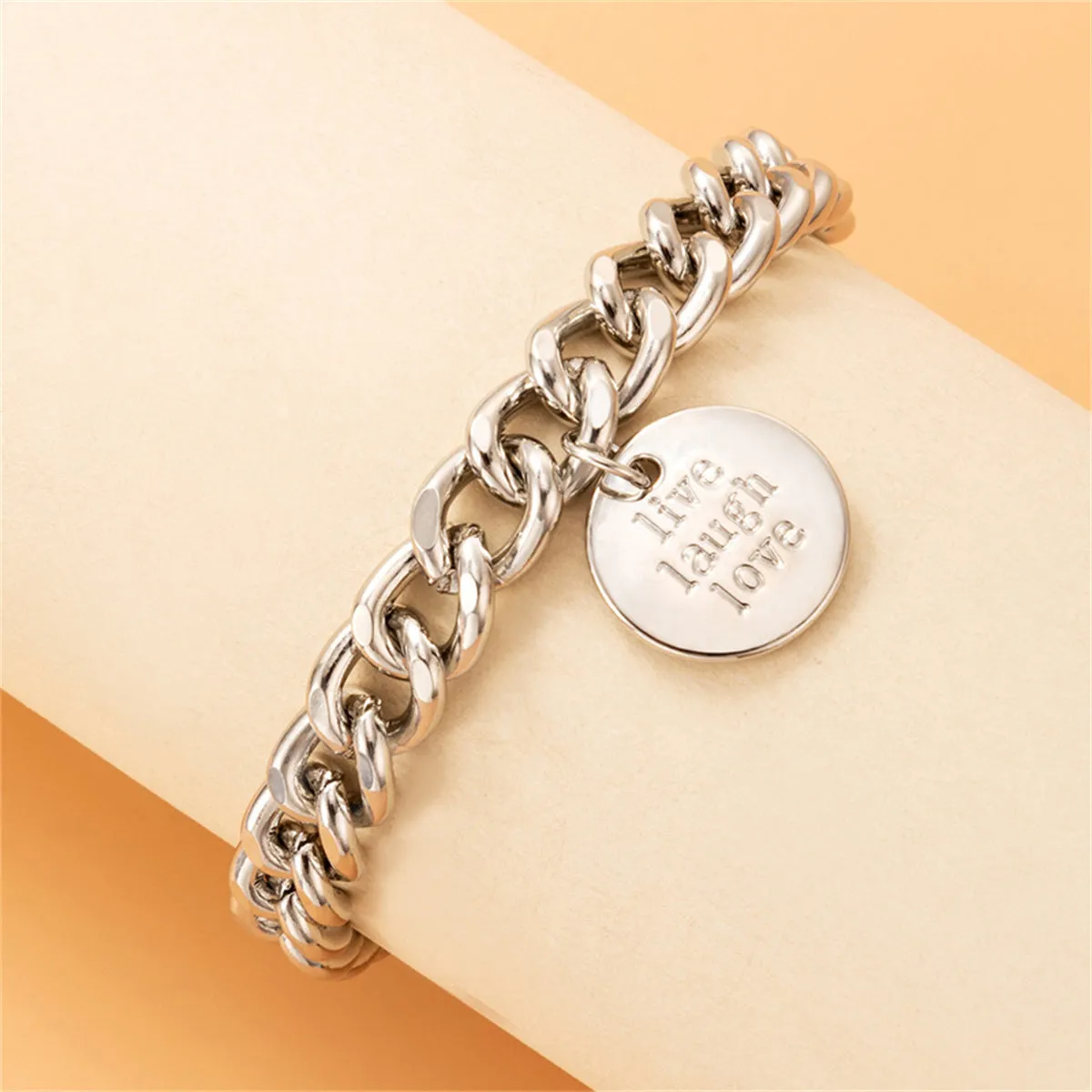 Silver-Plated 'Live Laugh Love' Chunky Curb Chain Anklet