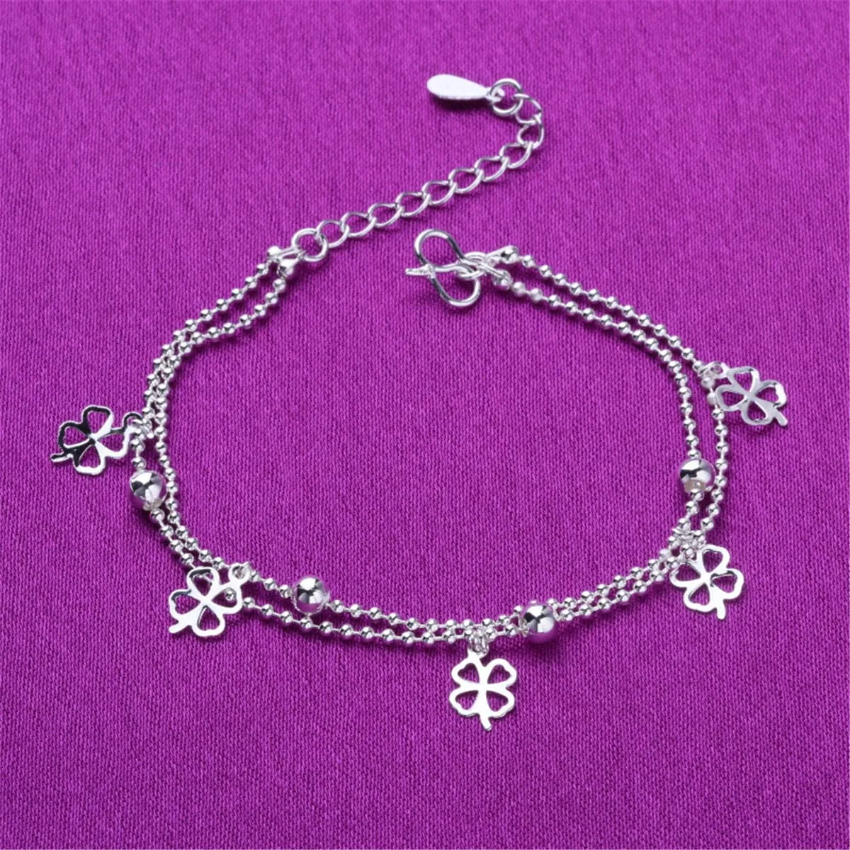 Silver-Plated Open Clover Station Layered Anklet