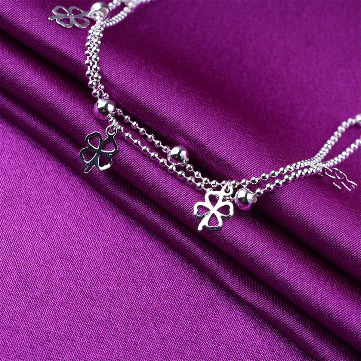 Silver-Plated Open Clover Station Layered Anklet