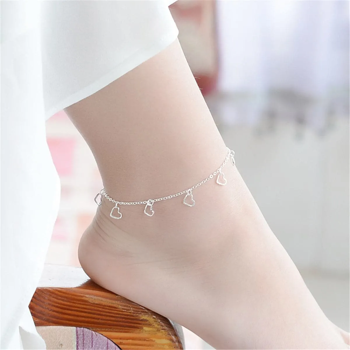 Silver-Plated Open Heart Station Anklet