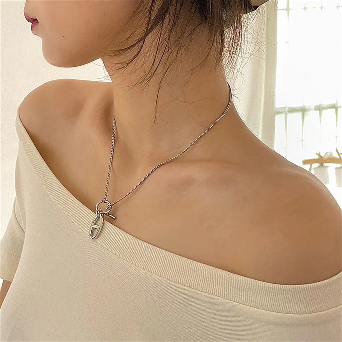 Silver-Plated Oval Pendant Necklace