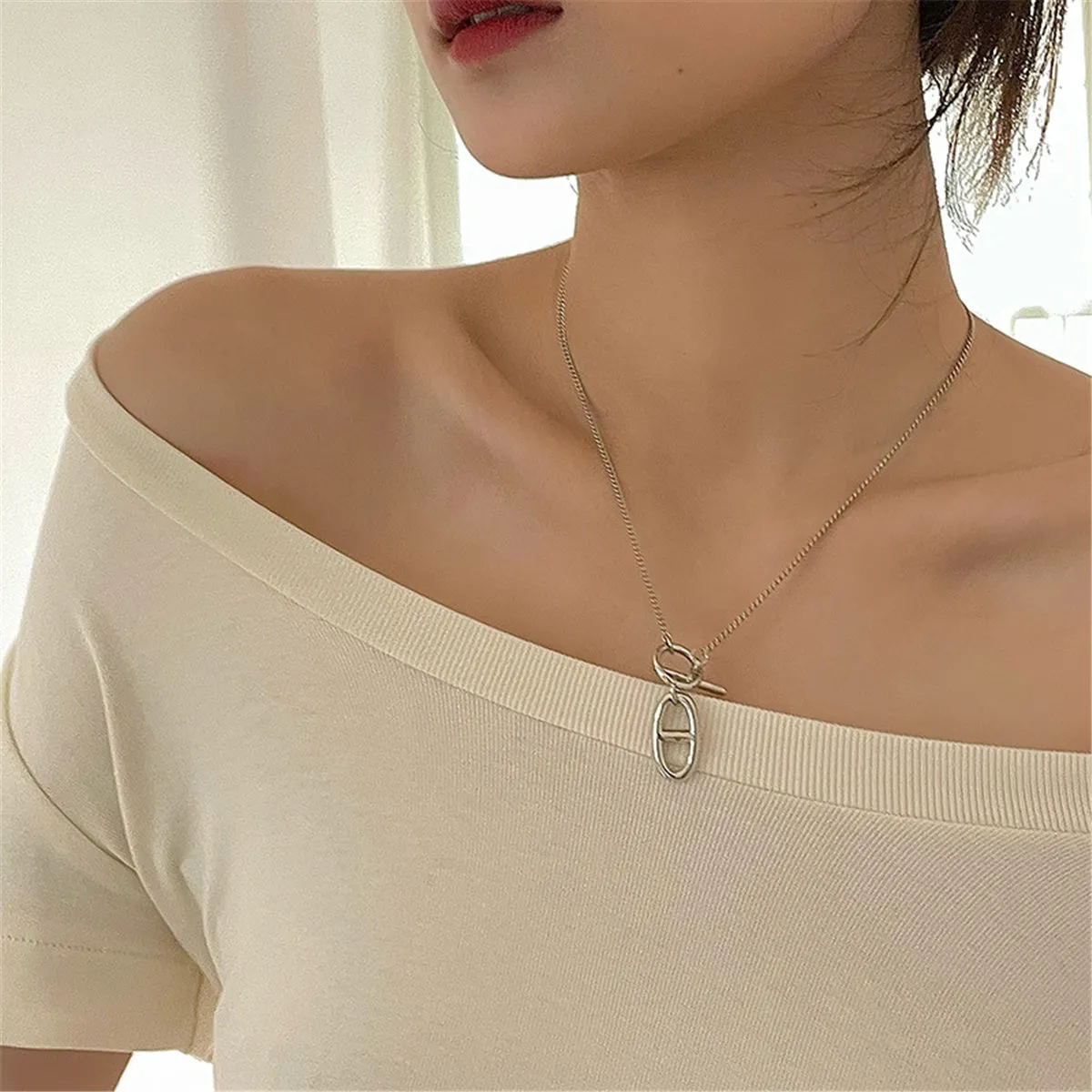 Silver-Plated Oval Pendant Necklace