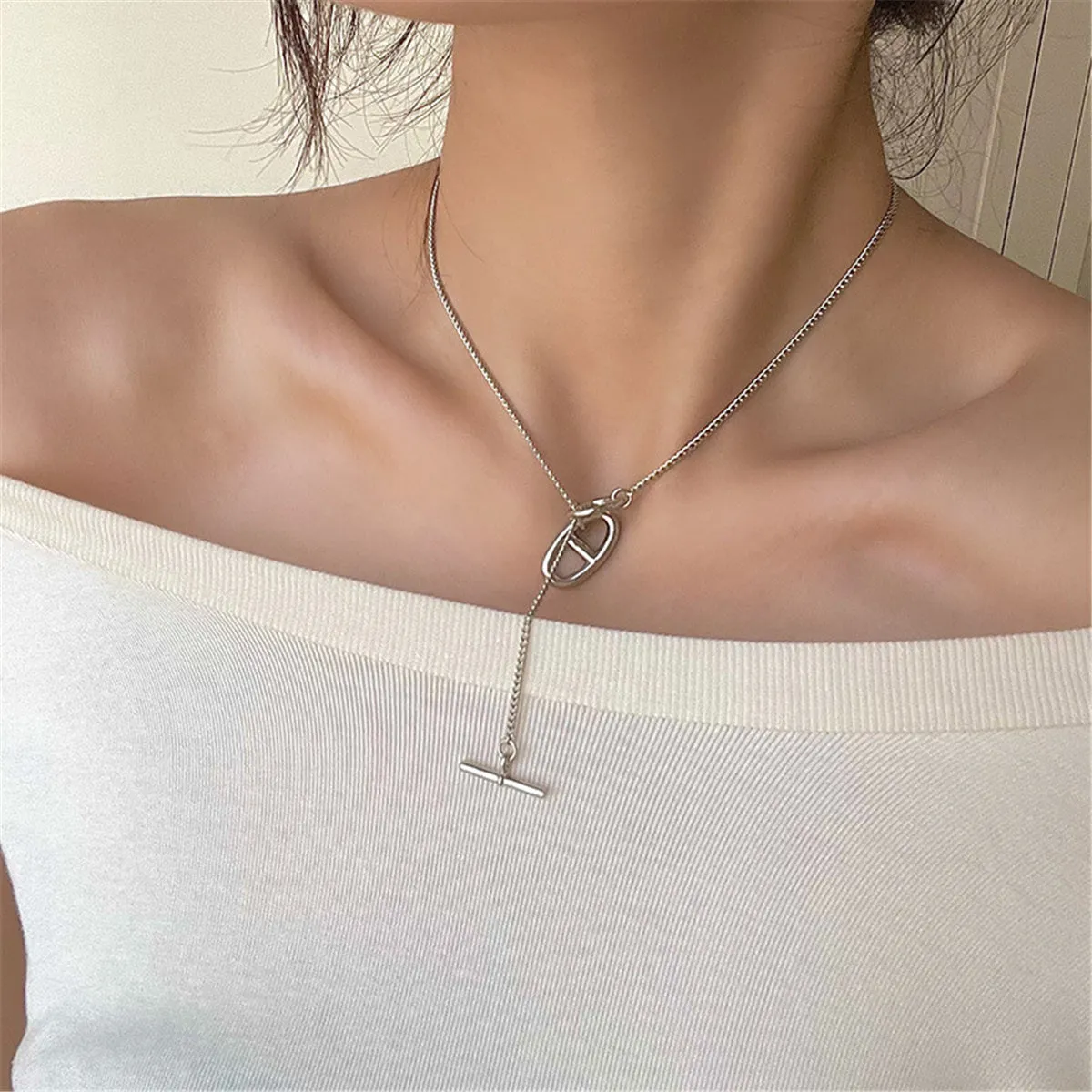 Silver-Plated Oval Pendant Necklace