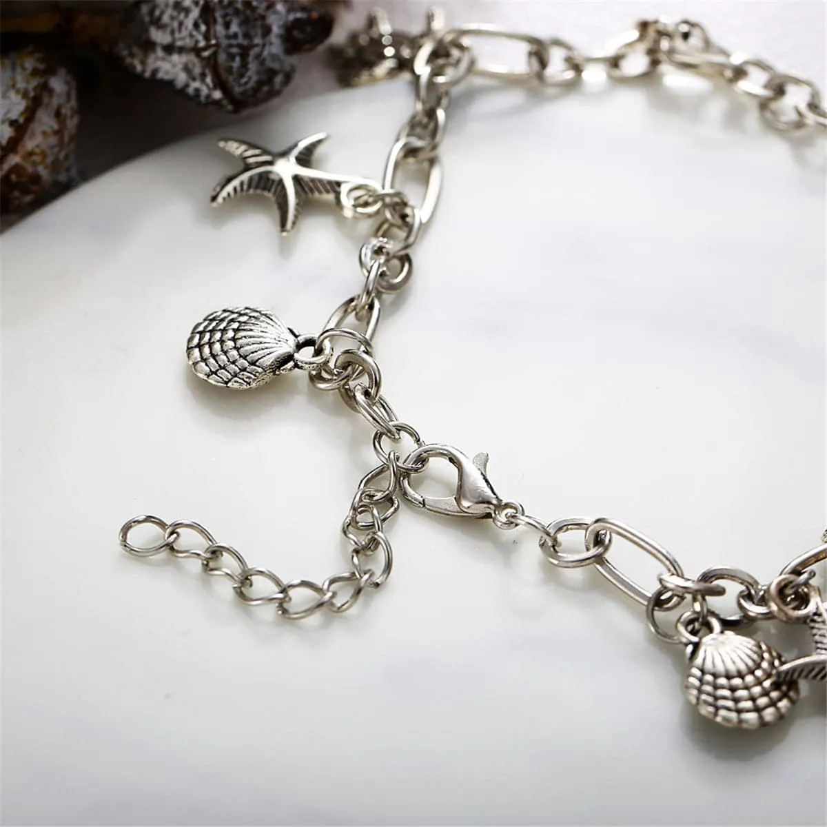 Silver-Plated Seashell & Starfish Station Anklet