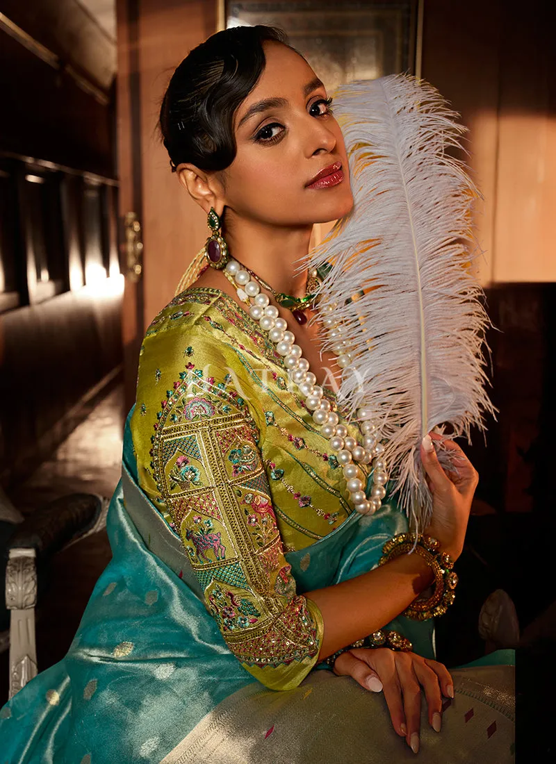 Sky Blue And Green Paithani Silk Saree