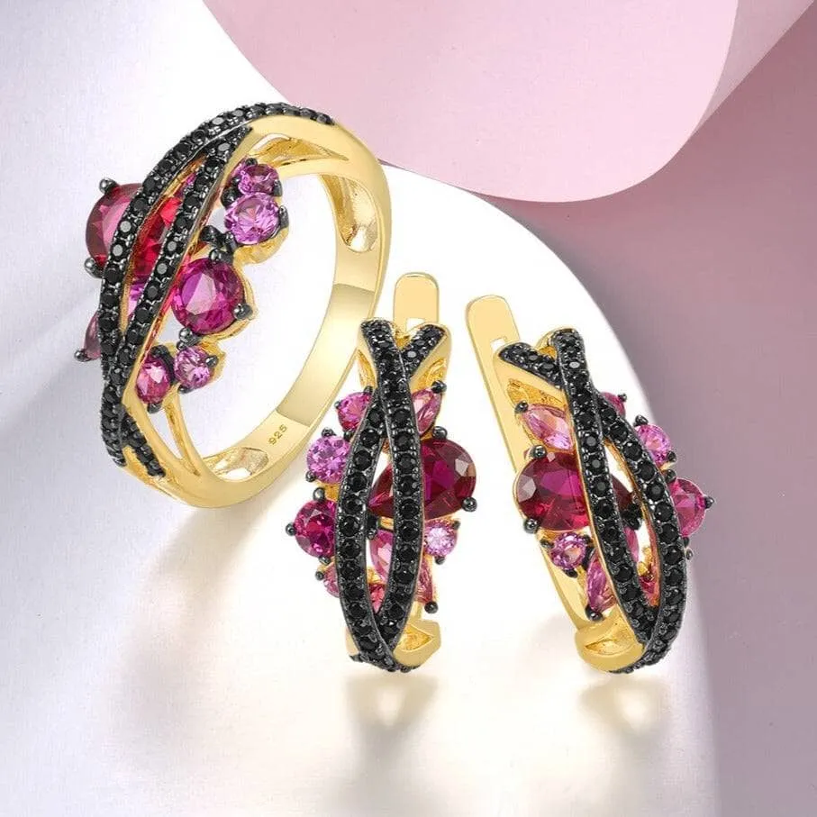 Sparkling Black & Pink Stones Jewelry Set