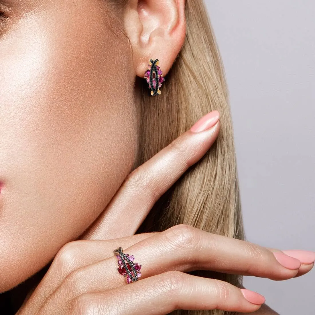 Sparkling Black & Pink Stones Jewelry Set