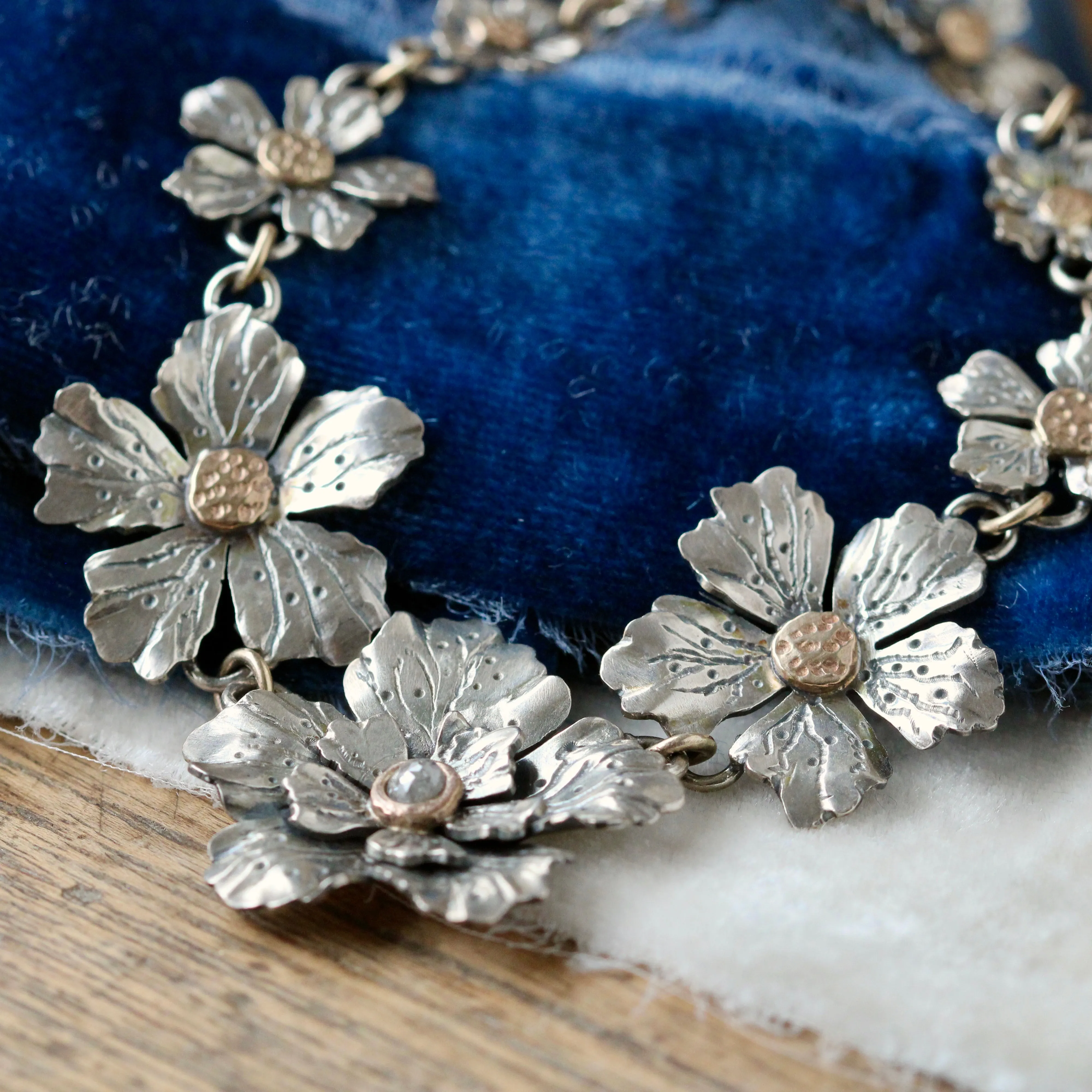 Spring Blossom Necklace sterling silver 10k gold and Diamond