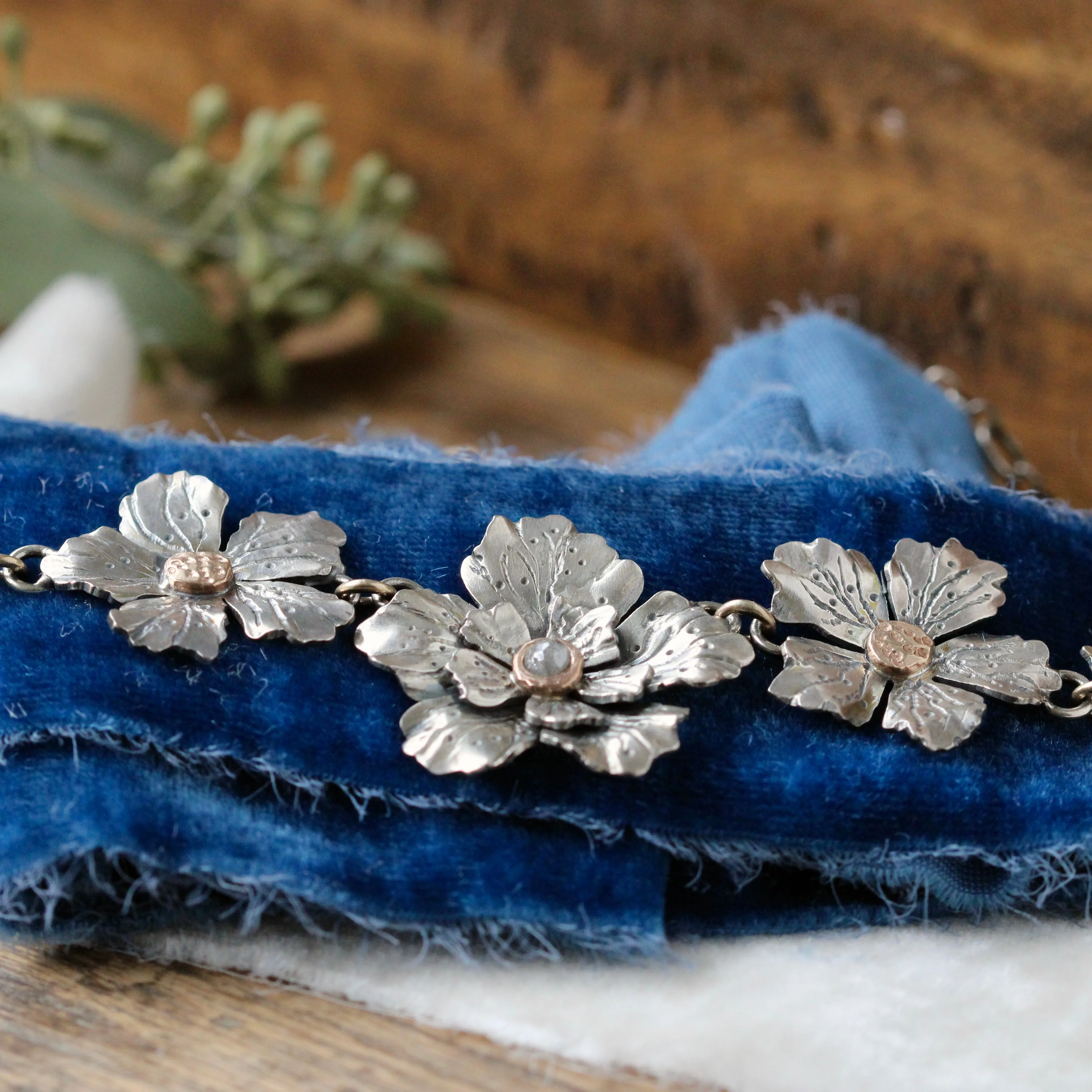 Spring Blossom Necklace sterling silver 10k gold and Diamond