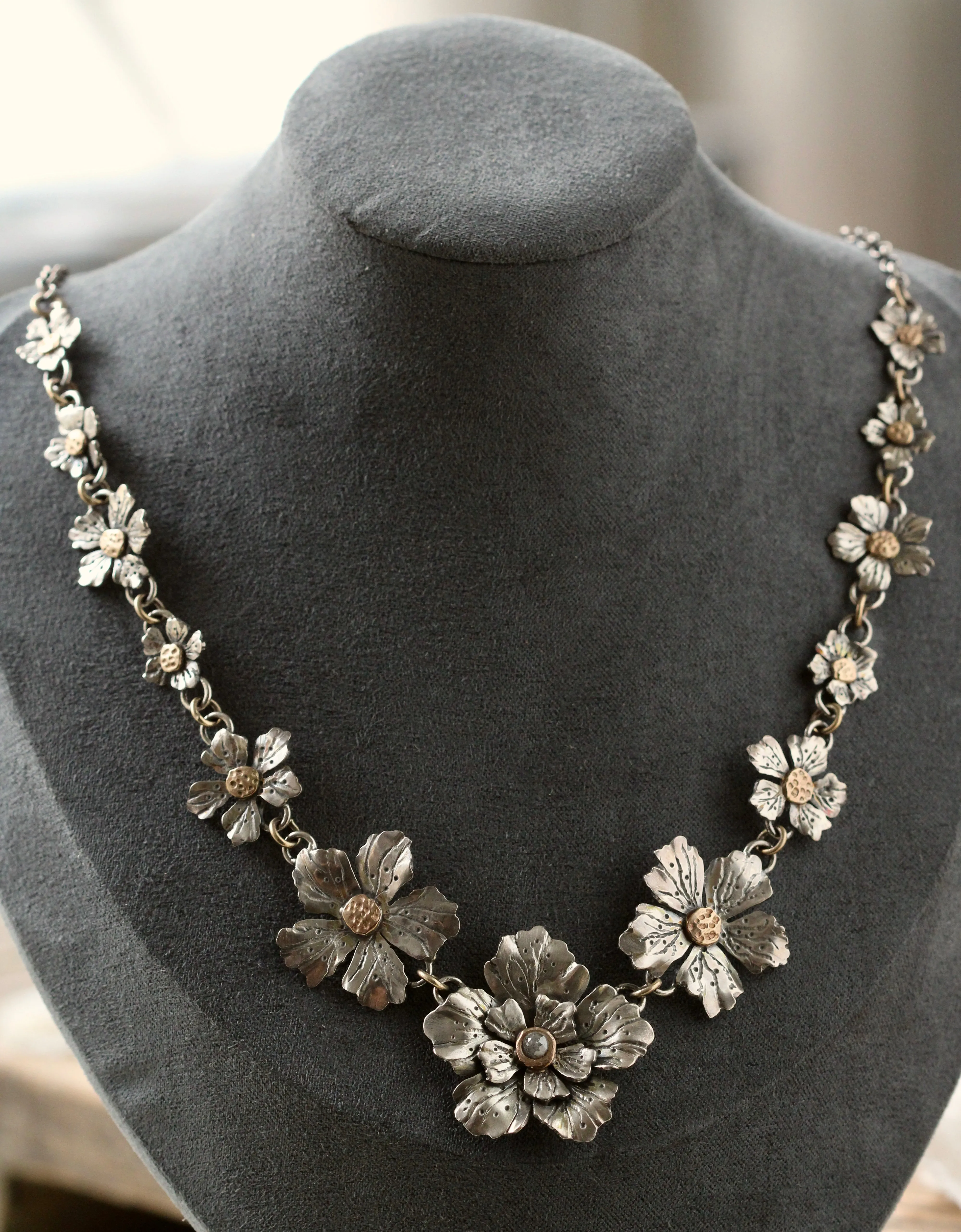 Spring Blossom Necklace sterling silver 10k gold and Diamond