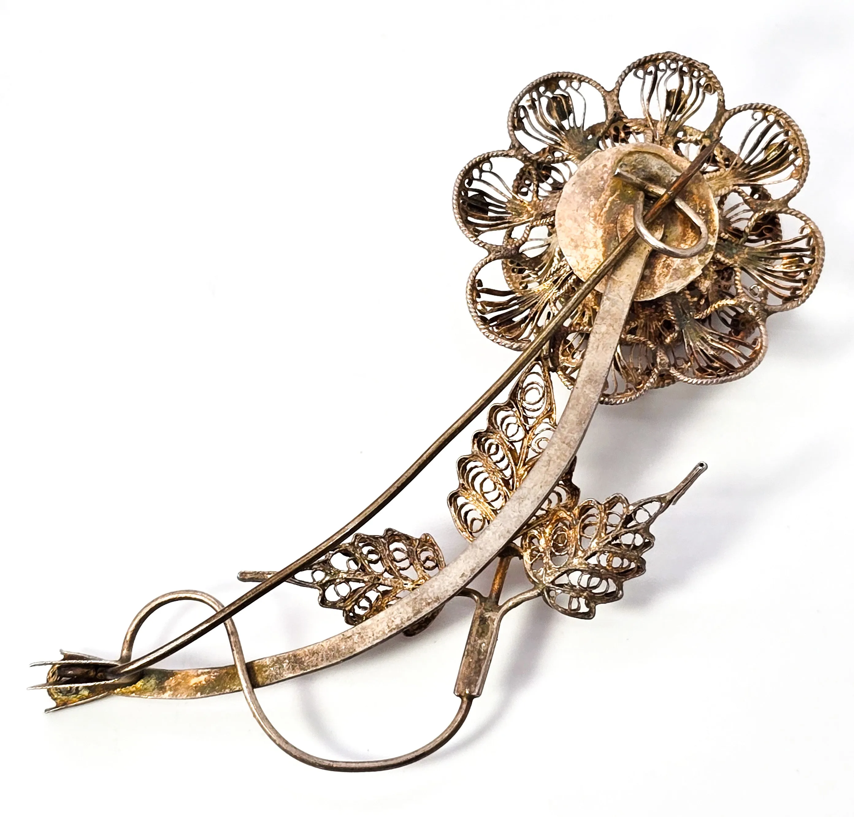 Spun Silver vermeil gold over sterling silver handcrafted vintage flower brooch