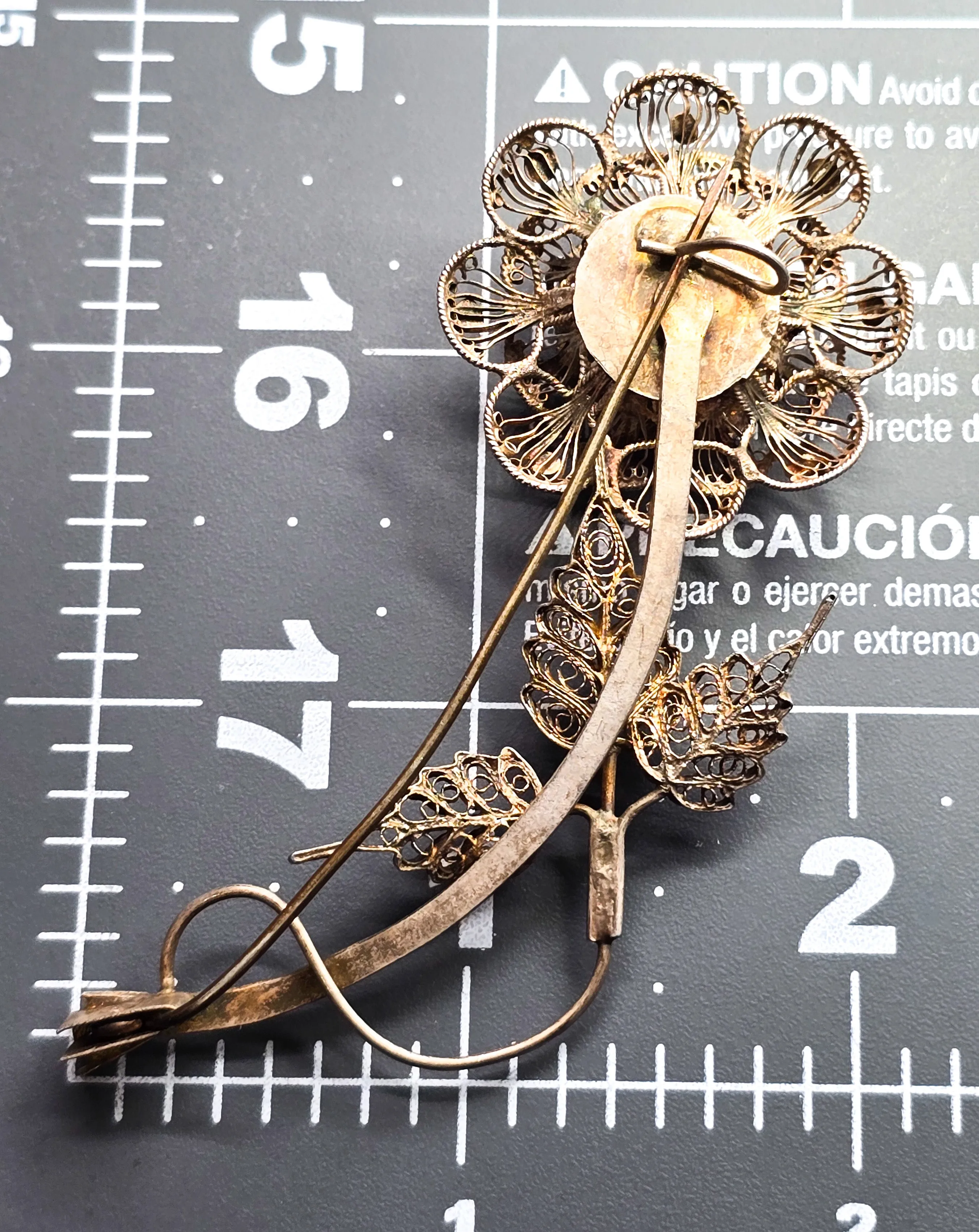 Spun Silver vermeil gold over sterling silver handcrafted vintage flower brooch