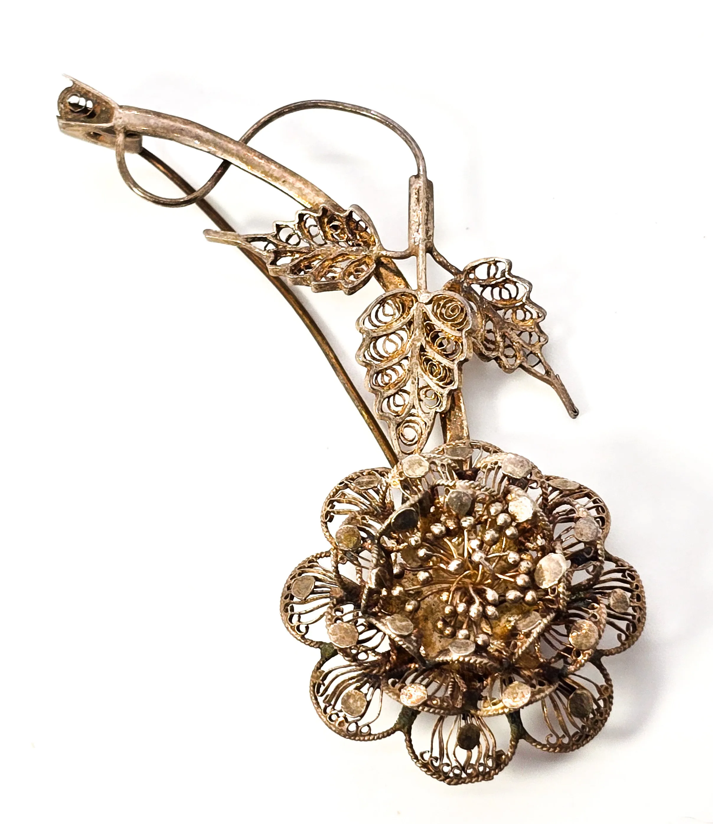 Spun Silver vermeil gold over sterling silver handcrafted vintage flower brooch