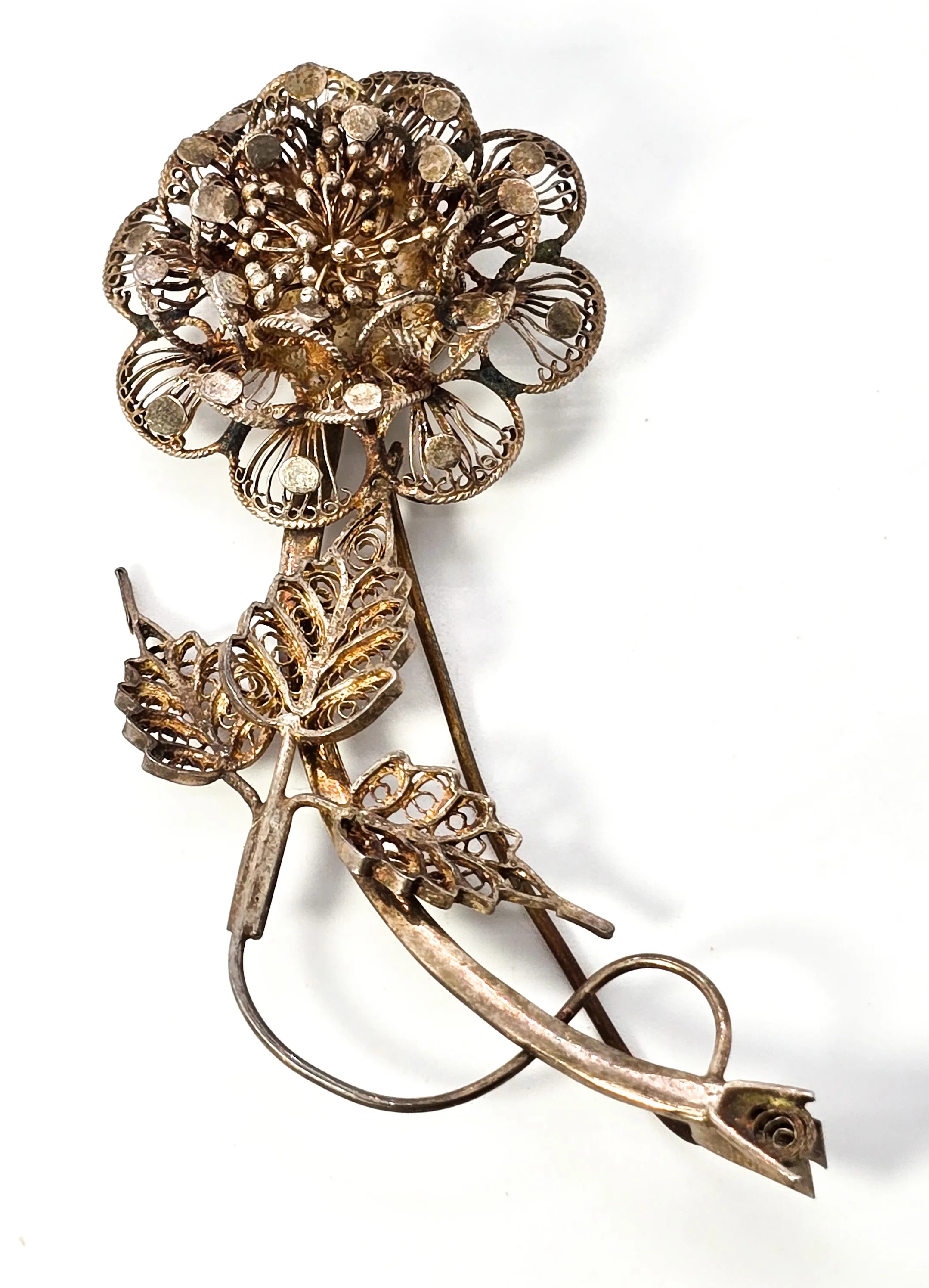 Spun Silver vermeil gold over sterling silver handcrafted vintage flower brooch