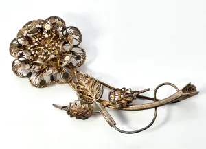 Spun Silver vermeil gold over sterling silver handcrafted vintage flower brooch