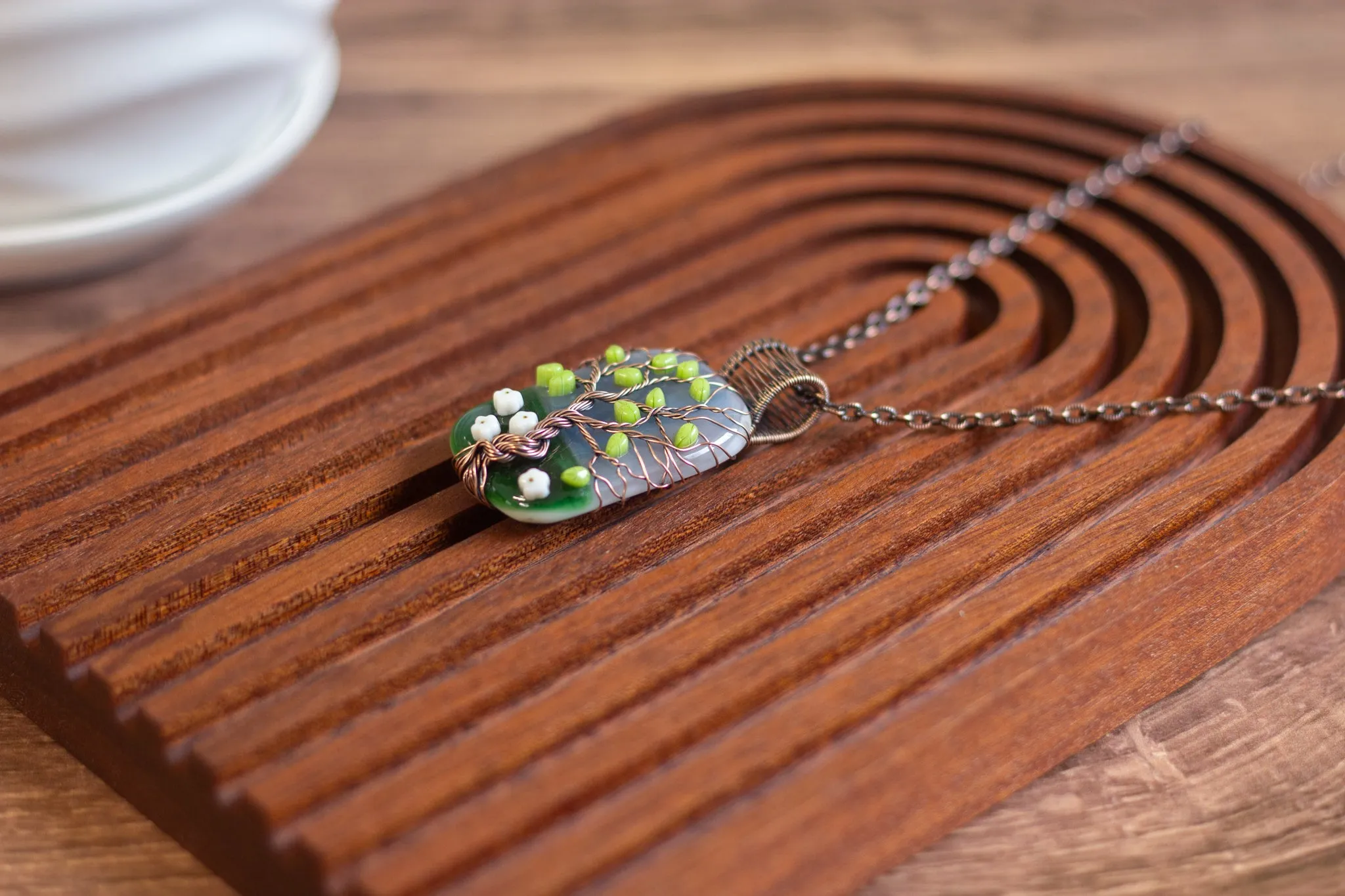 Summer Day Fused Glass and Copper Wire Wrapped Tree of Life Pendant