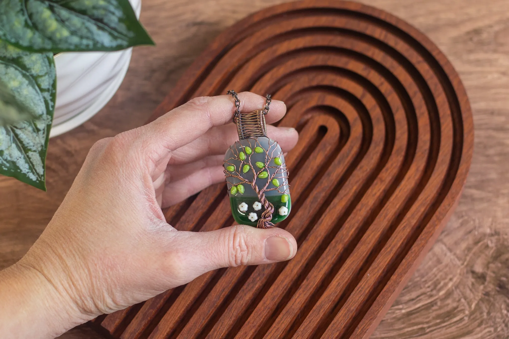 Summer Day Fused Glass and Copper Wire Wrapped Tree of Life Pendant