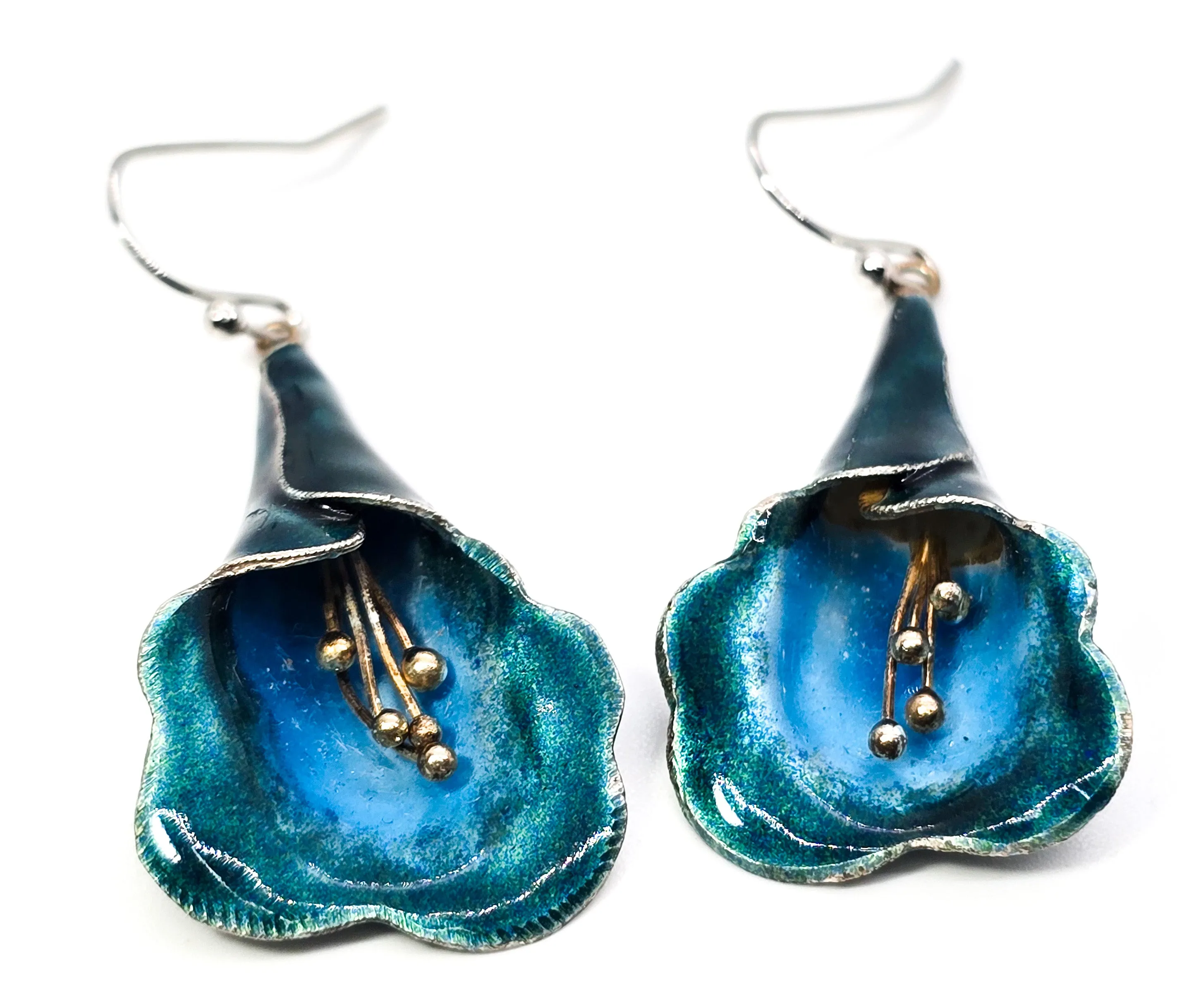 Tian-Tsui Teal Blue enamel Lilly vintage retro sterling silver drop earrings