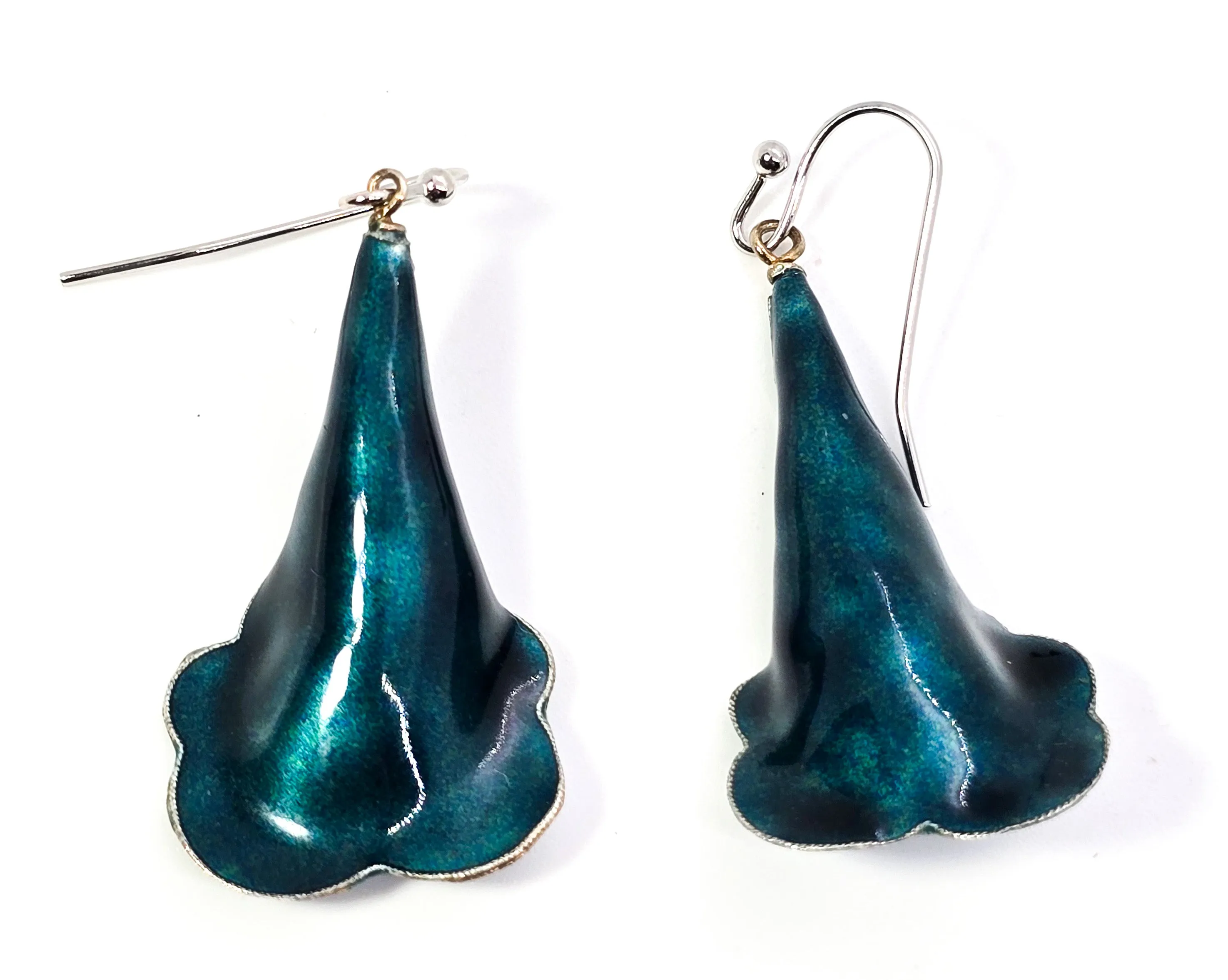 Tian-Tsui Teal Blue enamel Lilly vintage retro sterling silver drop earrings
