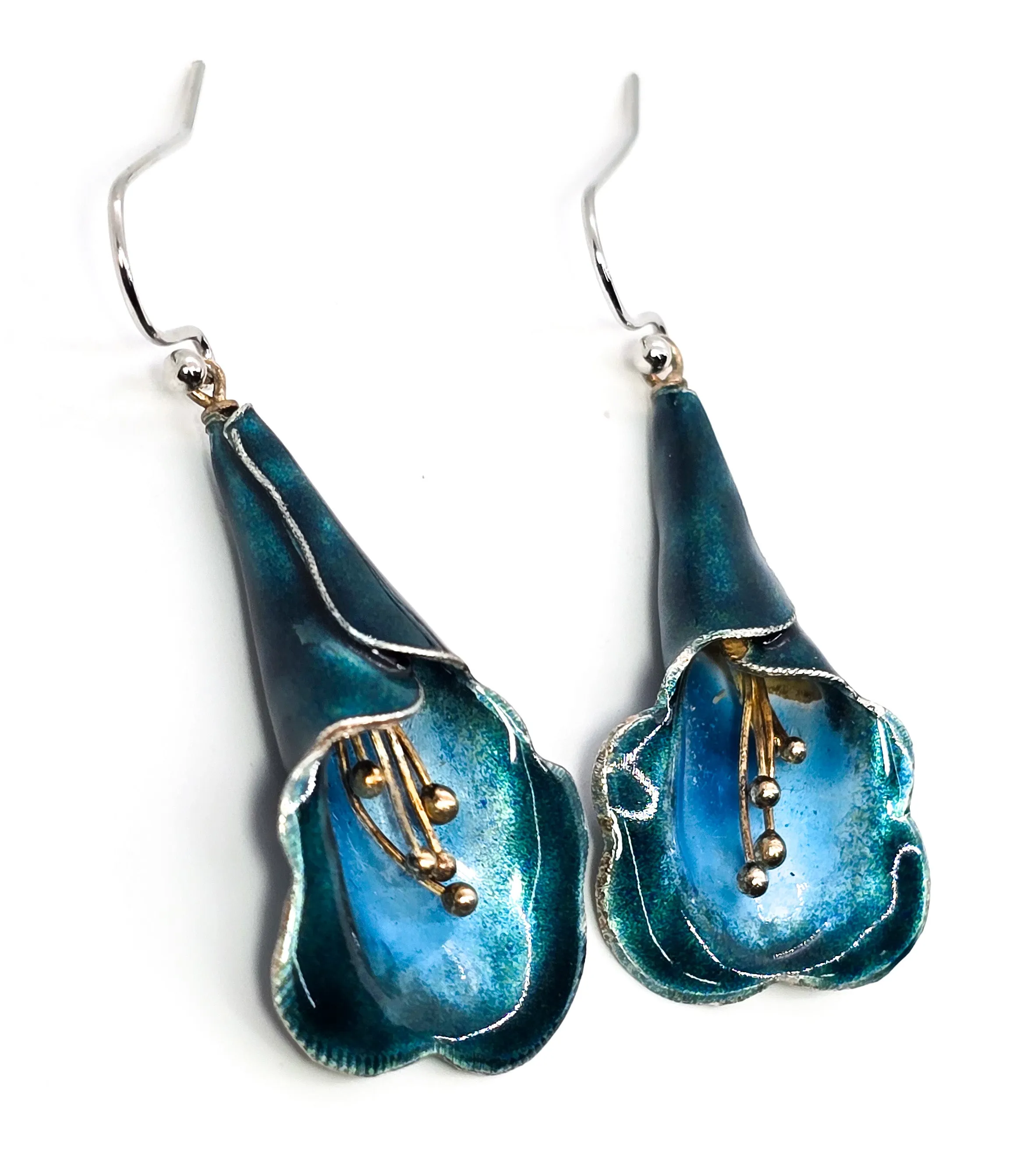 Tian-Tsui Teal Blue enamel Lilly vintage retro sterling silver drop earrings