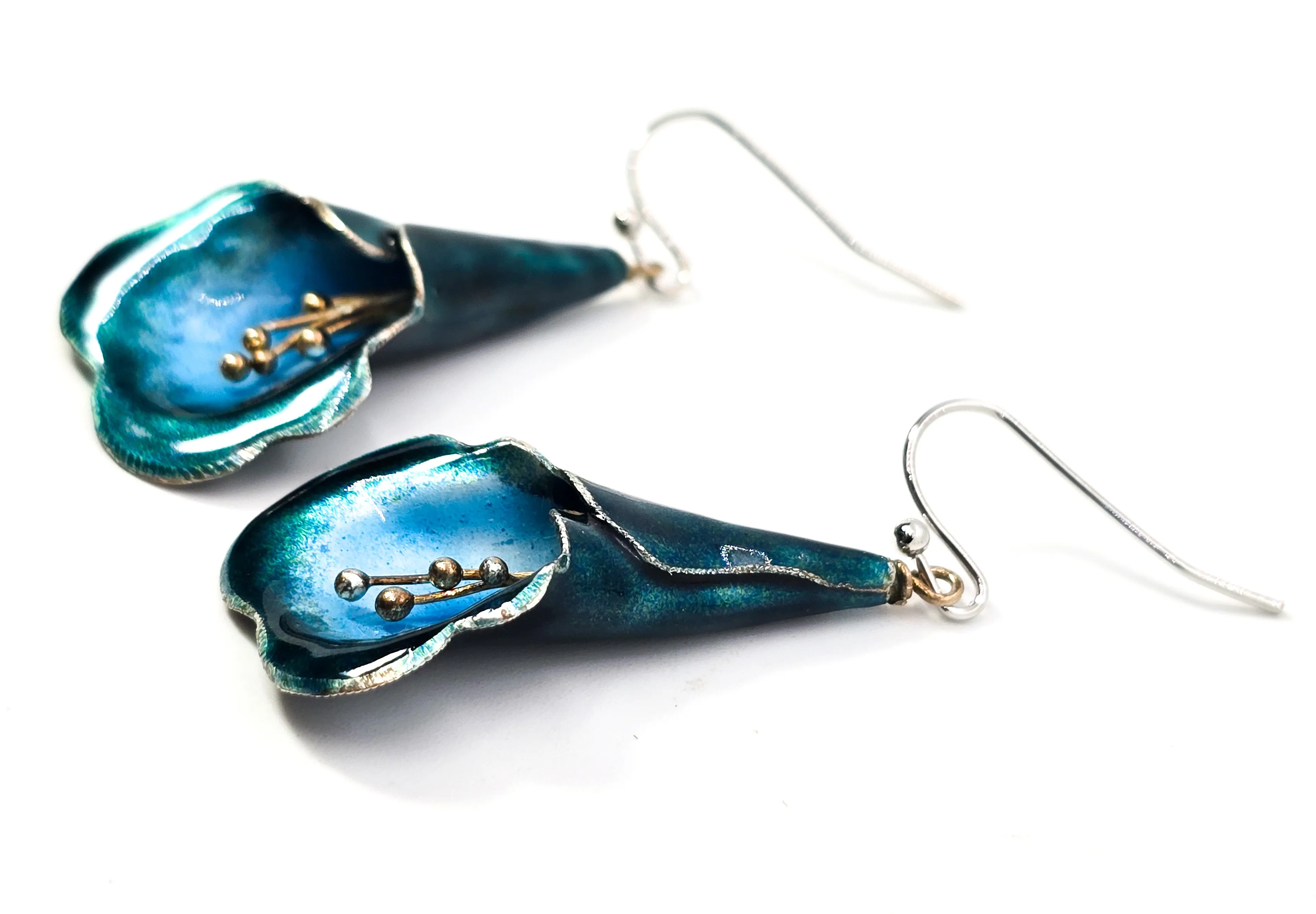 Tian-Tsui Teal Blue enamel Lilly vintage retro sterling silver drop earrings
