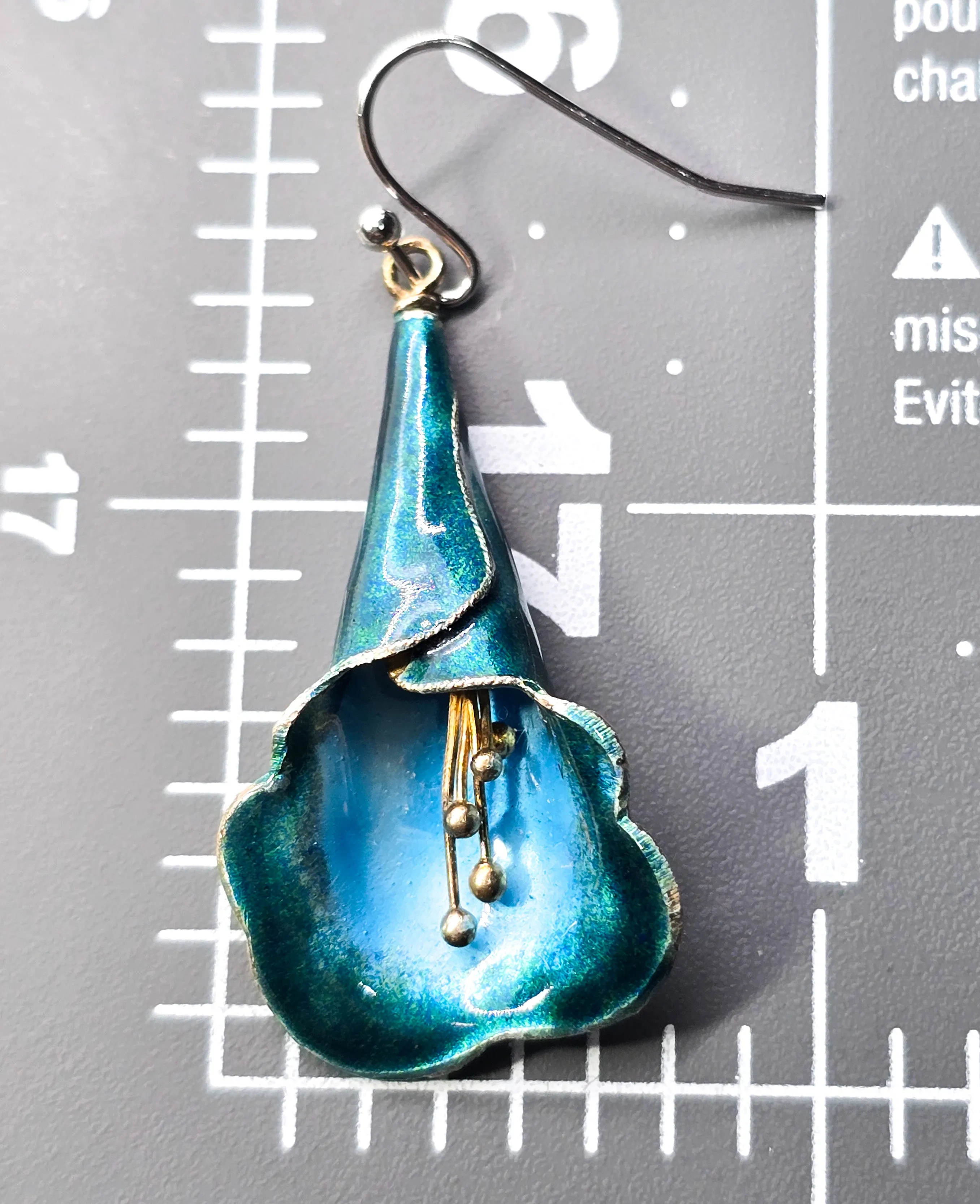 Tian-Tsui Teal Blue enamel Lilly vintage retro sterling silver drop earrings