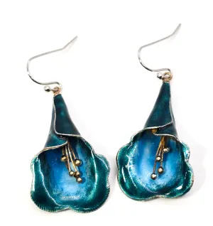 Tian-Tsui Teal Blue enamel Lilly vintage retro sterling silver drop earrings