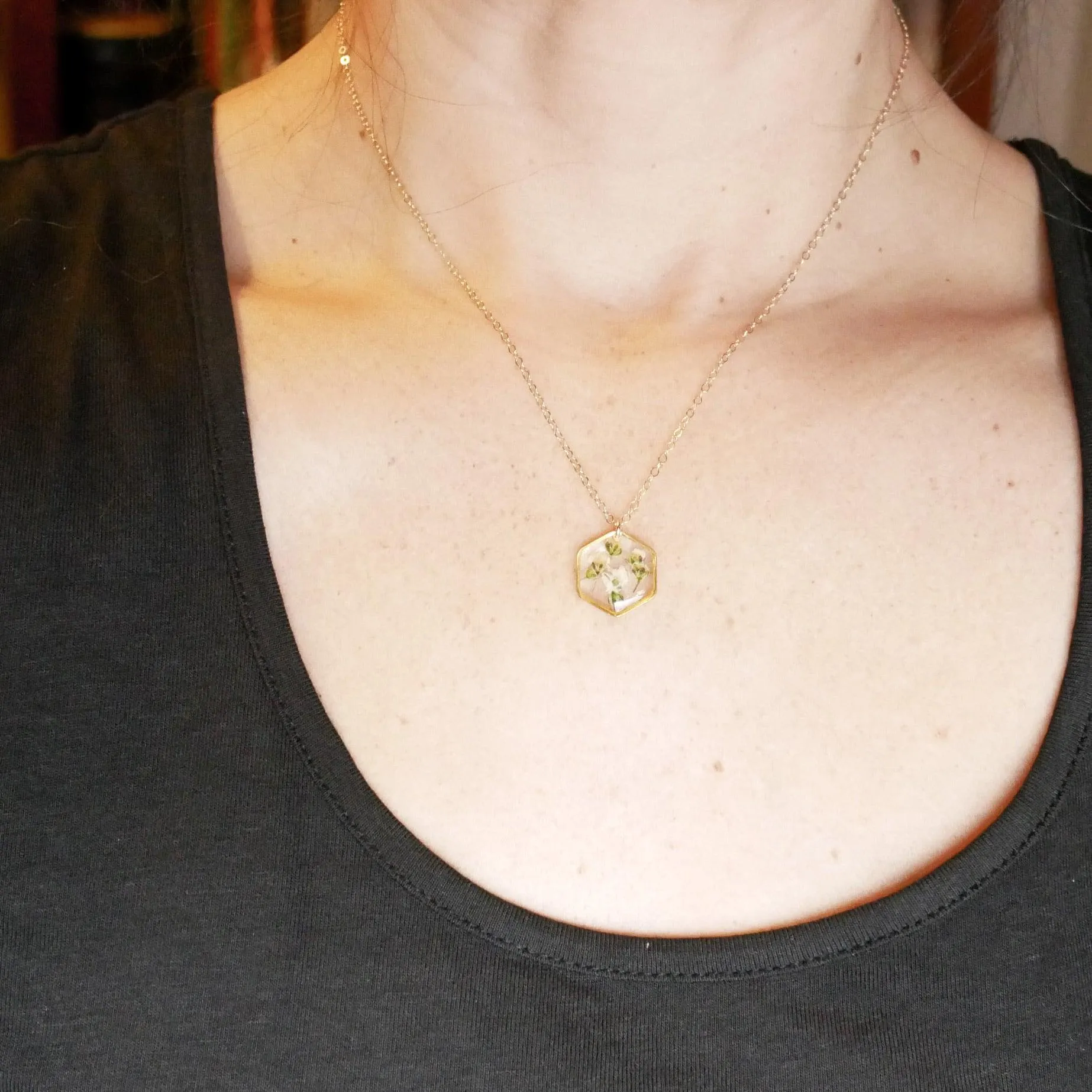 Tiny Baby's Breath Hexagon Necklace