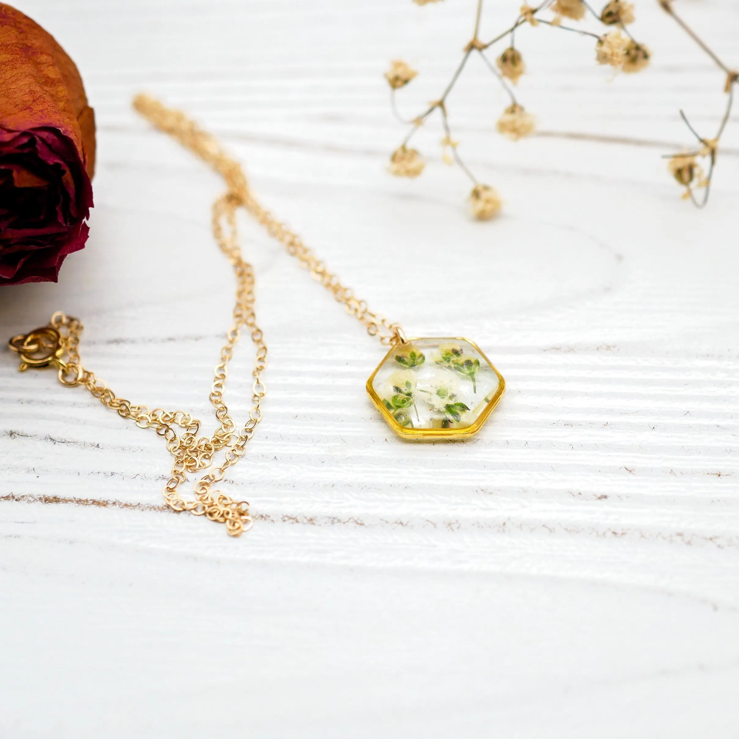 Tiny Baby's Breath Hexagon Necklace