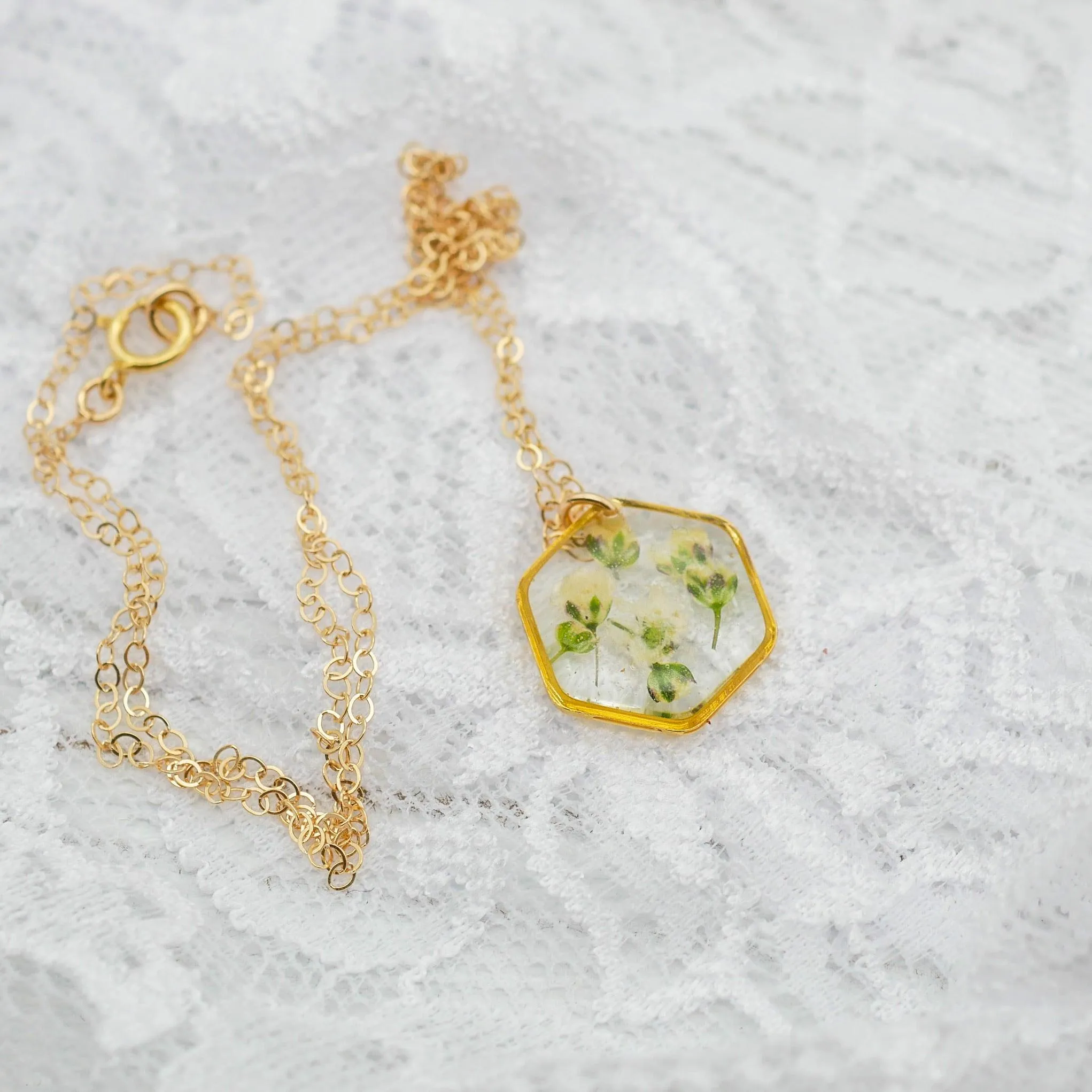 Tiny Baby's Breath Hexagon Necklace