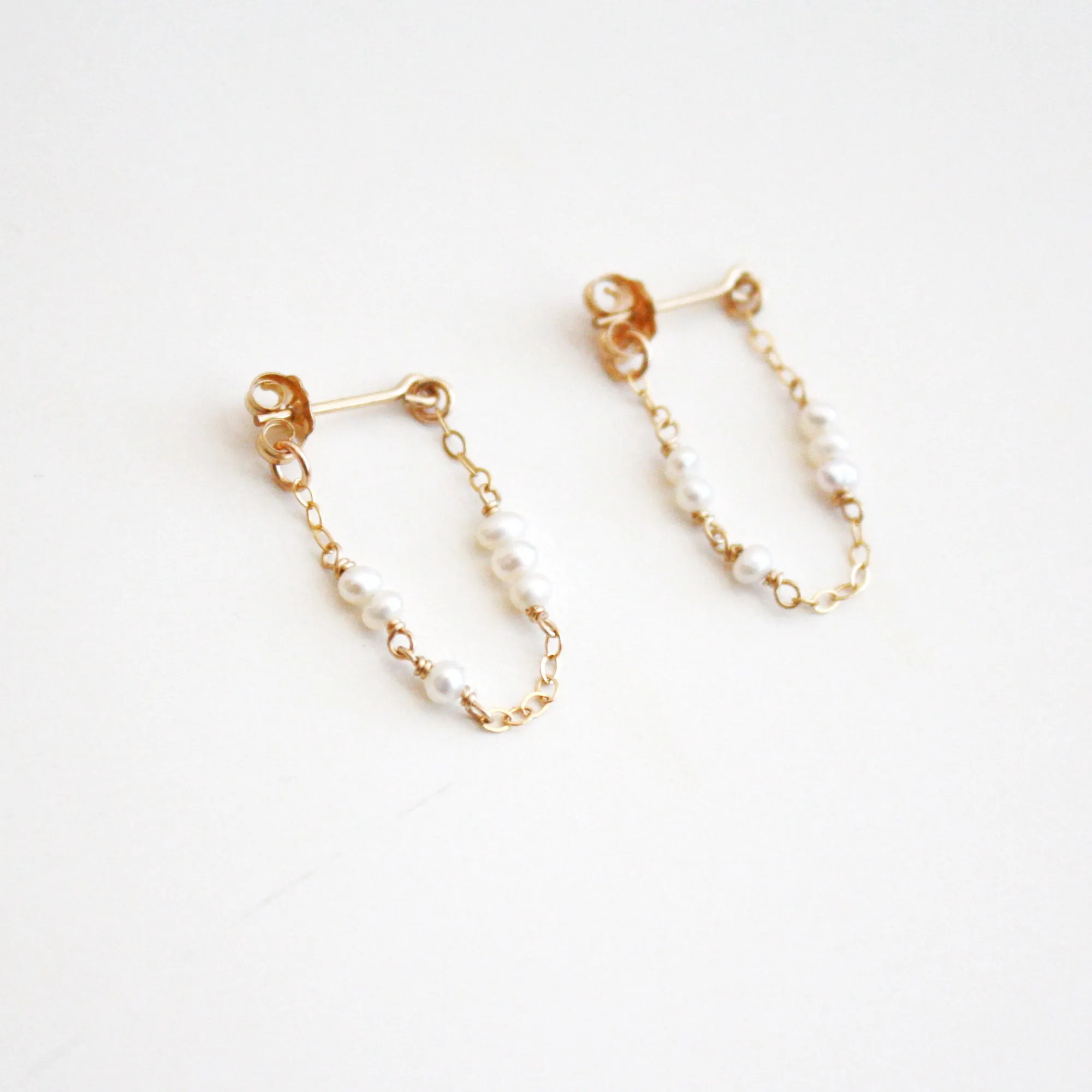 Tiny Pearl Chain Hoop Stud Earrings