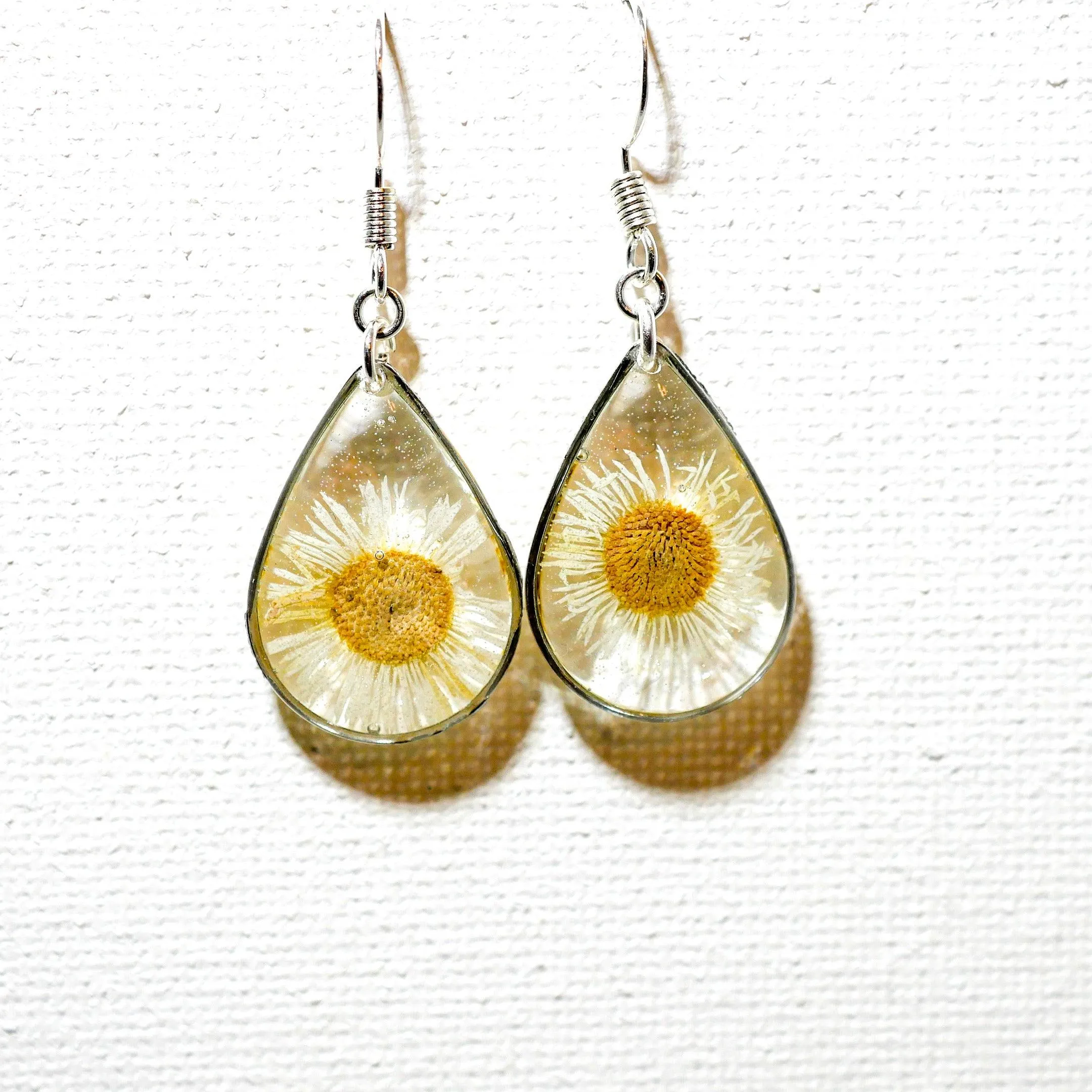 Tiny Real Daisy Teardrop Earrings