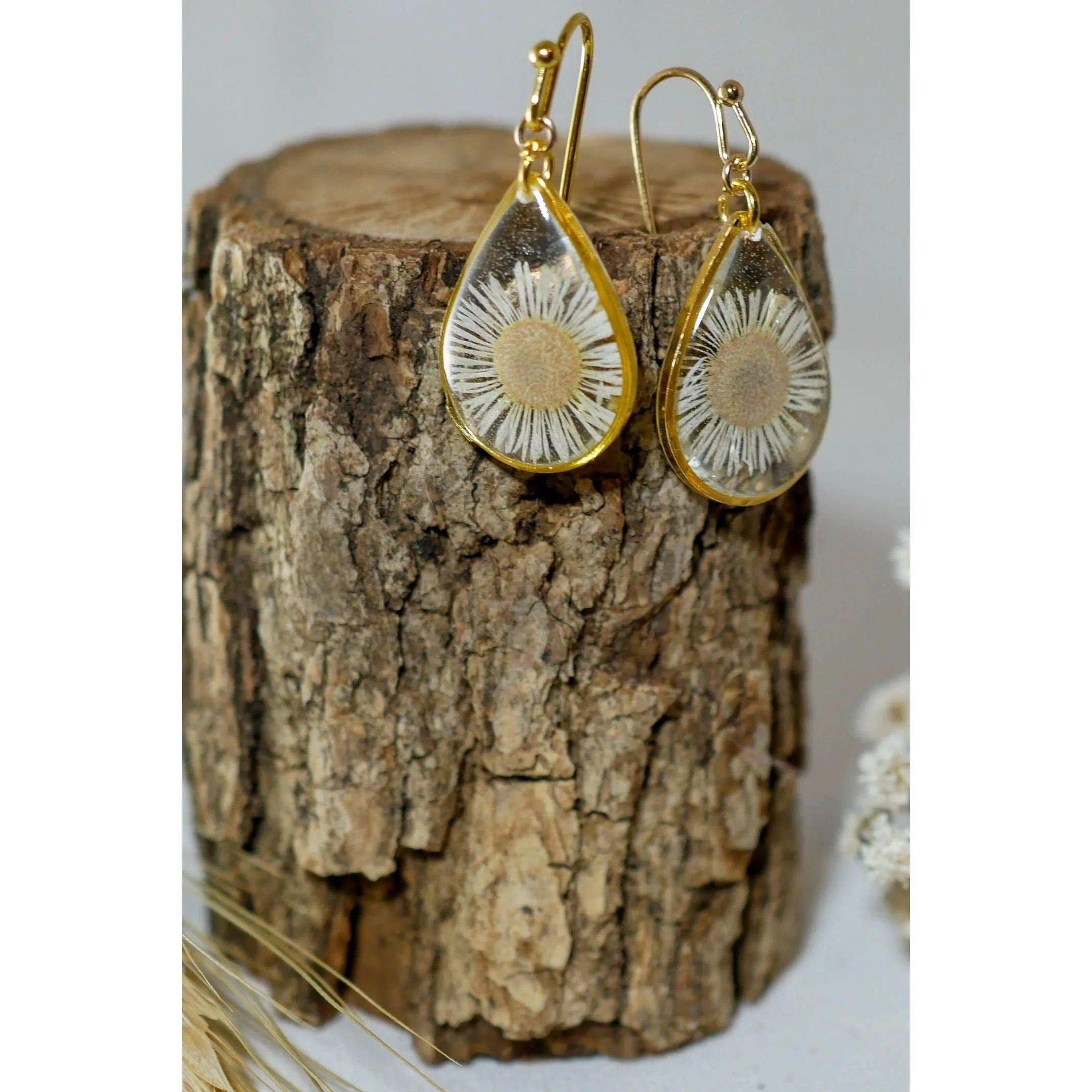 Tiny Real Daisy Teardrop Earrings