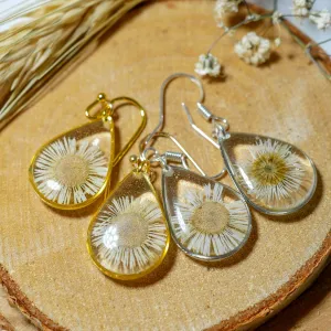 Tiny Real Daisy Teardrop Earrings
