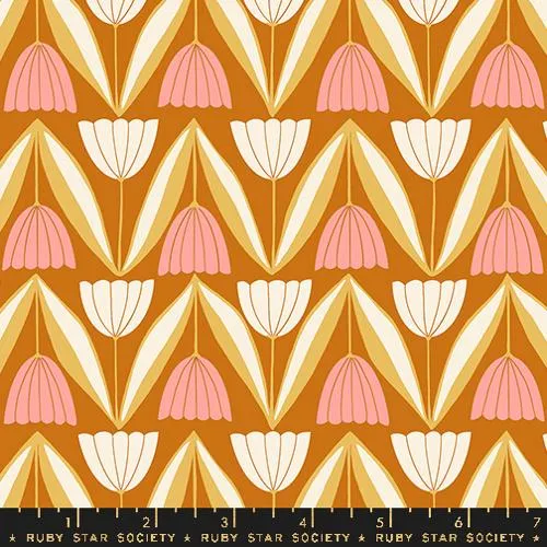 Tulips 30s And Retro Vintage Flowers in Saddle --- Endpaper by Jen Hewett for Ruby Star Society -- Moda Fabric