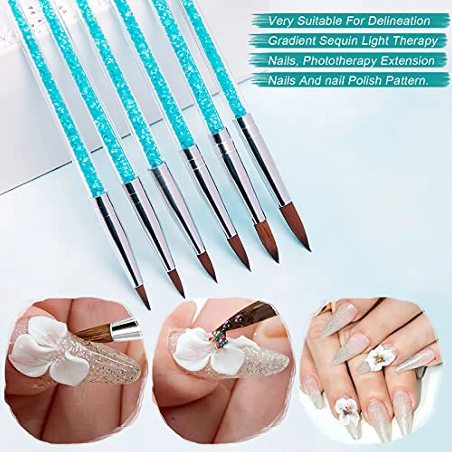 UV Gel Acrylic Nail Brush Set for Nail Art Tips, Feugole 7Pcs Blue Diamond Painted Nail Art Builder Dotting Brush for Nail Painting